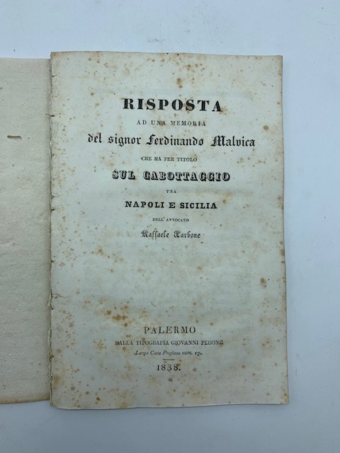 Risposta ad una memoria del signor Ferdinando Malvica che ha per titolo Sul cabottaggio tra Napoli e Sicilia